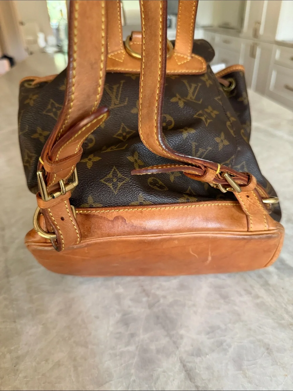 Louis Vuitton Brown Monogram Canvas Backpack with Tan Leather Trim